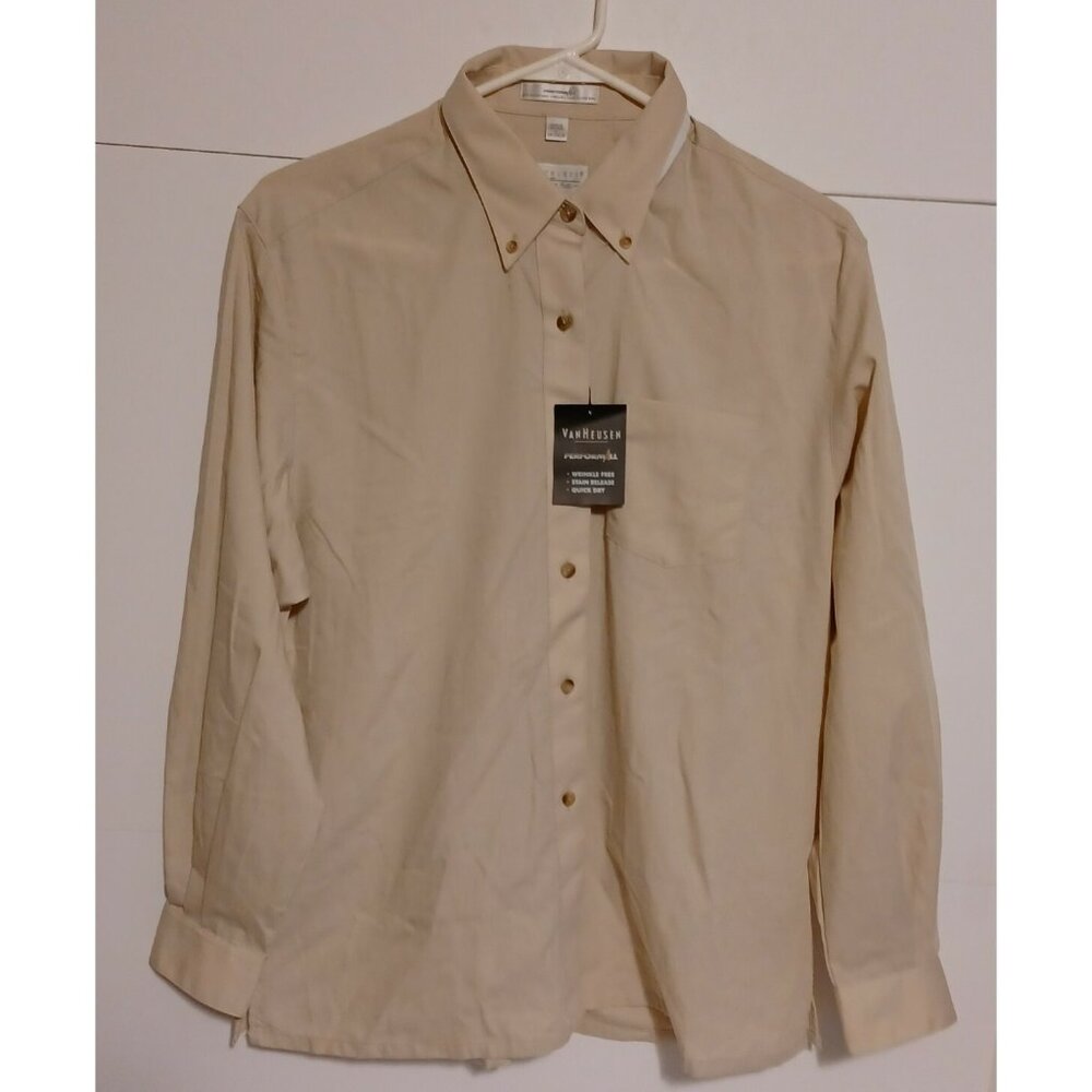 Van Heusen Performall Tan Dress Shirt Large 12-14  Wrinkle Free Stain Release